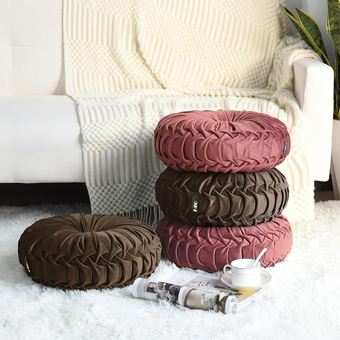 HIG Set of 2 Decorative Round Pleated Throw Pillows,Classy Accent Pumpkin Throw Pillows with Center Button,Vintage Velvet Floor Pillows for Sofa Vanity Chair Bed,Chocolate,14.5" Diameter(Ripple)
