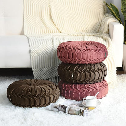 HIG Set of 2 Decorative Round Pleated Throw Pillows,Classy Accent Pumpkin Throw Pillows with Center Button,Vintage Velvet Floor Pillows for Sofa Vanity Chair Bed,Chocolate,14.5" Diameter(Ripple)