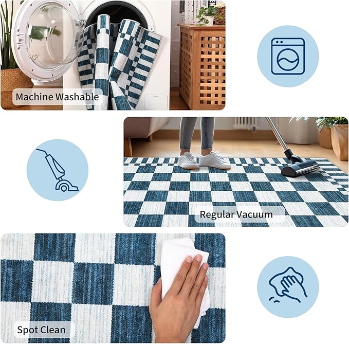 GarveeHome Blue and White Checkered Rug 5×7 Area Rugs for Living Room,Non-Slip Washable Rug Soft Low-Pile, Modern Farmhouse Geometric Rugs for Bedroom Dining Room