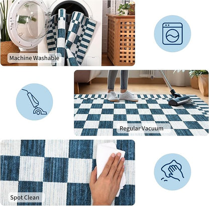 GarveeHome 9×12 Area Rugs for Living Room,Blue and White Checkered Rug, Non-Slip Washable Rugs 9x12,Soft Low-Pile Farmhouse Geometric Modern Rugs for Bedroom Dining Room
