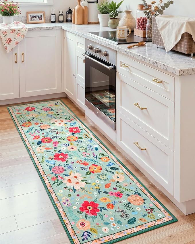 Macgace 2x8 Floral Runner Rug, Flowers Printed Washable Rugs with Non Slip Backing for Girls Bedroom Kitchen Hallway,Cute Carpet Runners Home Aesthetic Decor, Light Green