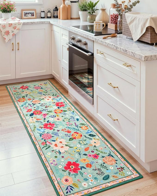 Macgace 2x8 Floral Runner Rug, Flowers Printed Washable Rugs with Non Slip Backing for Girls Bedroom Kitchen Hallway,Cute Carpet Runners Home Aesthetic Decor, Light Green