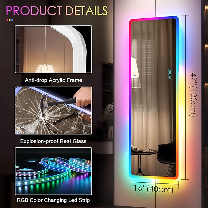 LVSOMT 47" x 16" Full Length Mirror with Lights, RGB LED Over the Door Mirrors, Wall Mirror Full Length, Door Hanging Mirror for Bedroom Living Room Cloakroom