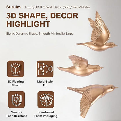suruim Bird Wall Sculptures Set of 3-3D Wall Art Decor for Living Room, Home Decor Modern Golden Wall Decor & Bird Gallery Wall Art (Gold)