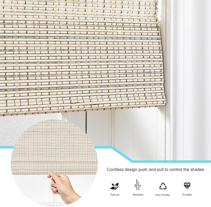 Motorized Bamboo Roman Shades, Motorized Blinds with Remote Compatible with Homekit, Alexa GoogleHome, Smart Wood Woven Shades for Indoor Windows, Customize, Sandstone Grid