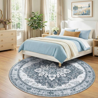 RELEANY Area Rugs Round 10ft Washable Non-Slip, Floral Vintage Distress Print Pattern Medallion Carpet for Living Room Bedroom Dining Room, Light Gray Grey White