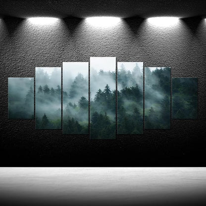 iKNOW FOTO XLarge 7 Panel Canvas Print Wall Art Misty and Fog Over Dark Mountain Forest Wilderness Nature Photography Modern Art Rustic Landscape Picture 70x32 Inches