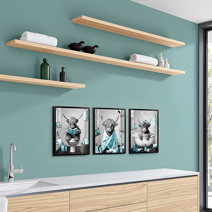 sechars Highland Cow Bathroom Wall Art 3 Piece Funny Bathroom Pictures Canvas Print Grey and Teal Decor (Teal)