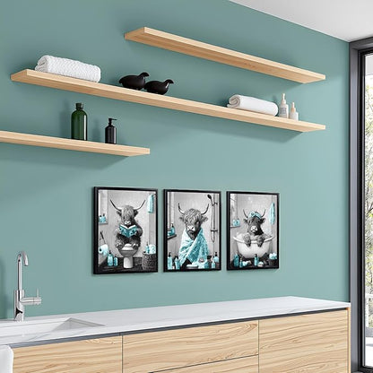 sechars Highland Cow Bathroom Wall Art 3 Piece Funny Bathroom Pictures Canvas Print Grey and Teal Decor (Teal)