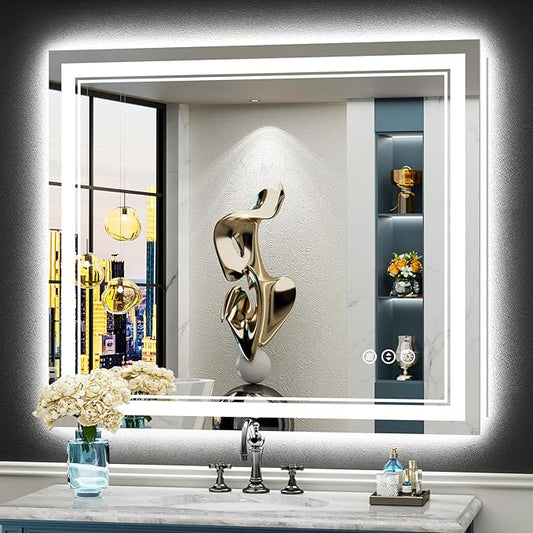 40x36 LED Bathroom Mirror with Lights, Backlit and Front Lit Anti-Fog Lighted Vanity Mirrors for Bathroom Wall, Dimmable, 3-Color Light, Memory, Shatter-Proof, HD Tempered Glass, CRI＞90