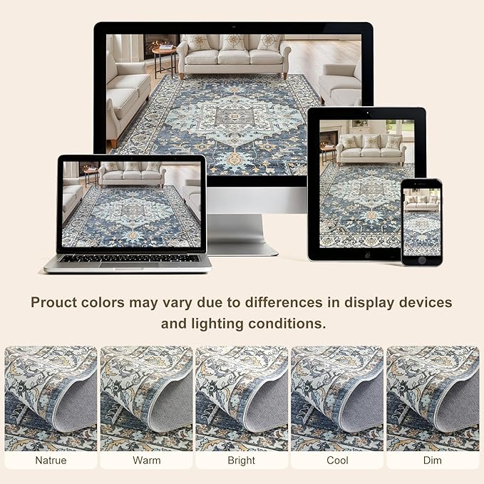 5x8 Washable Area Rugs for Living Room: Non Slip Vintage Blue Yellow Rug, Large Soft Stain Resistant Indoor Floor Carpets for Bedroom Dining Room Nursery Home Office Kid & Pet Friendly