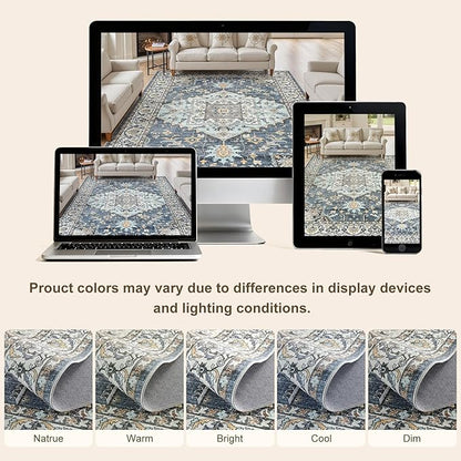 10x14 Washable Area Rugs for Living Room: Non Slip Vintage Blue Yellow Rug, Large Soft Stain Resistant Indoor Floor Carpets for Bedroom Dining Room Nursery Home Office Kid & Pet Friendly