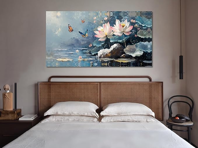 Ardemy Lotus Flower Wall Art for Living Room Butterfly Canvas Art Wall Decor, Floral Painting Textured Large Framed Picture Artwork Bedroom Kitchen Dining Home Office 48"x24"
