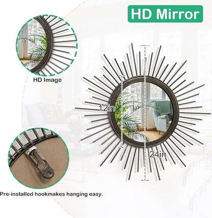 Large Sunburst Wall Mirror, Round Home Modern Metal Art Mirror for Bathroom Living Room Hallway Bedroom Balcony Farmhouse 24" x 24"