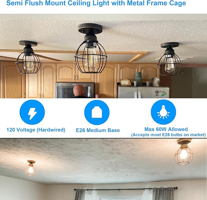 Farmhouse Ceiling Light Fixture, Vintage Semi Flush Mount Ceiling Light, Small Metal Cage Lighting Lamp for Hallway Entryway Kitchen Porch, Oil Rubbed Bronze Finish, 1-Pack