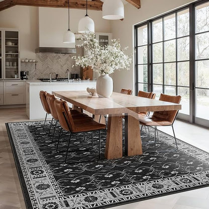 Rugxara Black Rug Area Rugs 5x7, Washable Rugs for Living Room, Vintage Boho Rug for Office, Dining Room, Kids Room and Farmhouse, Durable Low Pile Non-Slip Area Rug for High Traffic Areas(Black 5x7