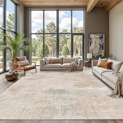 9x12 Area Rug for Living Room, Extra Large Washable Rug, Soft Neutral Abstract Rug for Bedroom, Office, Farmhouse, Low Pile Imitation Wool Non Slip Carpet Ideal for High-Traffic Areas, Beige Grey