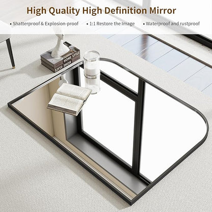 Black Arched Top Wall Mounted Mirror - 38 x 30 Inch Round Cruved Top Bathroom Vanity Mirror, Aluminum Metal Framed, Home Decor for Living Room, Bedroom, Fireplace, Mantle, Entryway