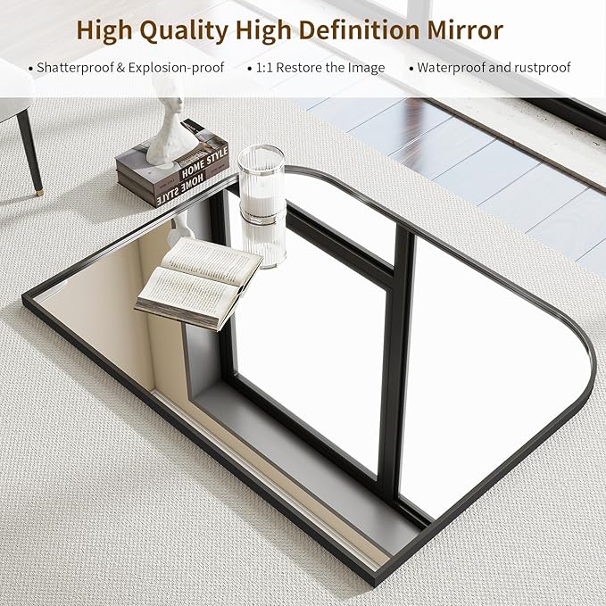 Black Arched Top Wall Mounted Mirror - 36 x 24 Inch Round Cruved Top Bathroom Vanity Mirror, Aluminum Metal Framed, Home Decor for Living Room, Bedroom, Fireplace, Mantle, Entryway