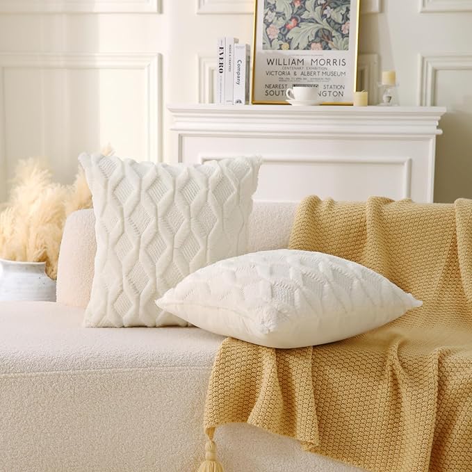16" x 16" Decorative Throw Pillow with Inserts, Set of 2 Soft Faux Fur Throw Pillows, Square Boho Pillow for Couch, Bed, Sofa Decor, Beige