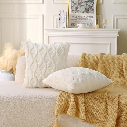 16" x 16" Decorative Throw Pillow with Inserts, Set of 2 Soft Faux Fur Throw Pillows, Square Boho Pillow for Couch, Bed, Sofa Decor, Beige