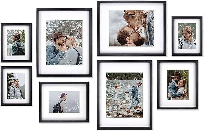 8 Pack Shadow Box Style Gallery Wall Frame Set – Deep Photo Frame Set with Mat for 8x10, 5x7 and 4x6 - Multiple Sizes Picture Frame Set for Wall Collage – Assorted Picture Frames for Wall (Black)