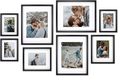 8 Pack Shadow Box Style Gallery Wall Frame Set – Deep Photo Frame Set with Mat for 8x10, 5x7 and 4x6 - Multiple Sizes Picture Frame Set for Wall Collage – Assorted Picture Frames for Wall (Black)