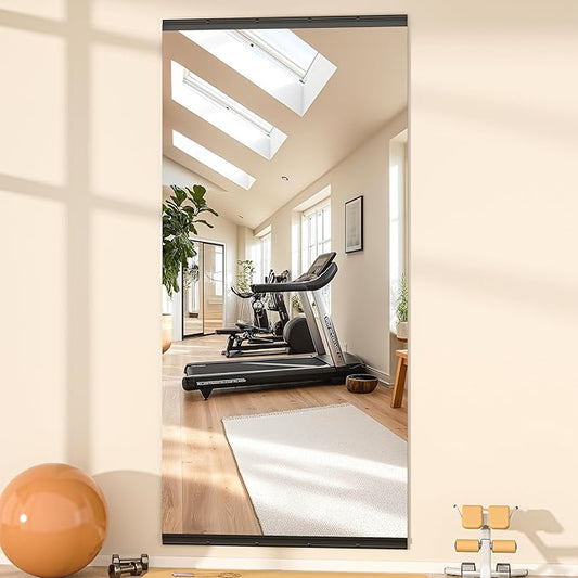Hasipu 95"x40" Frameless Wall Mounted Mirror, Tempered Glass Home Gym Mirrors, Large Workout Mirror with Glass Clamps Aluminum Rail for Home Gym, Yoga Studio, Dressing Living Room