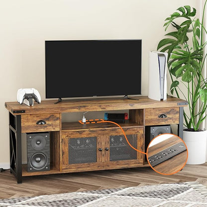 TV Stand for TV up to 55 Inches,Farmhouse Entertainment Center with 2 Drawers & Storage Cabinets, Industrial Media Console Table with Small Speaker Stand for Living Room, Bedroom, Rustic Brown