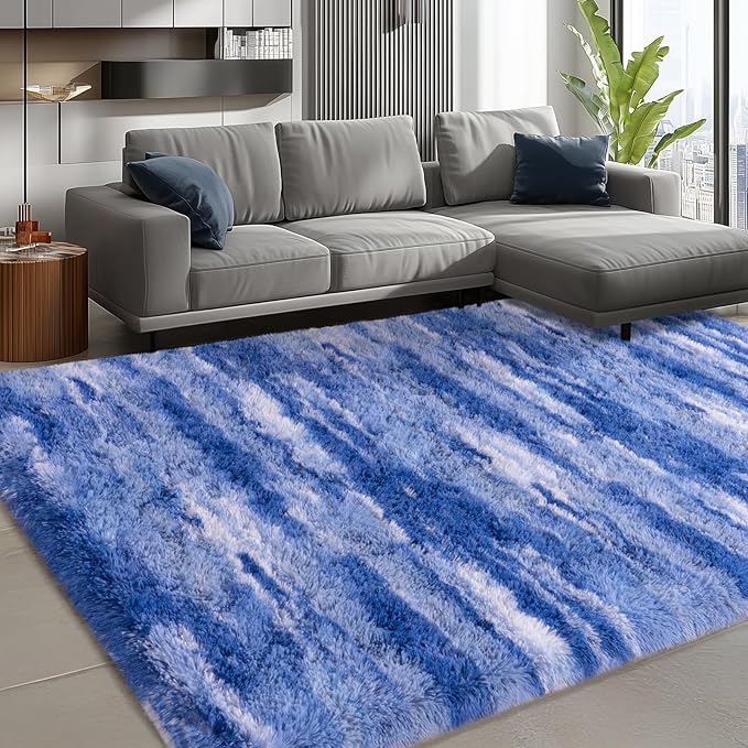 Shag Rugs for Living Room 5x7, Ultra Soft Abstract Blue Big Fuzzy Rugs for Bedroom, 5 x 7 Fluffy Shaggy Plush Carpet Girls Kids Room Dorm Upgrade Non-Slip