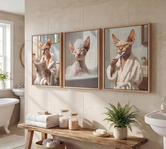 3pcs Funny Bathroom Cat Canvas Wall Art Sphynx Cat Posters Prints Paintings Eclectic Animal Bathroom Wall Decor Pictures for Restroom Toilet Home Decoration Unframed
