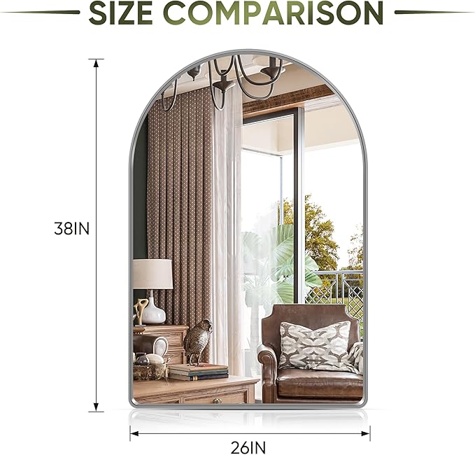 Suidia 26" x 38" Bathroom Mirror, Bathroom Vanity Mirror Metal Framed, Wall-Mounted Mirrors for Bedroom, Living Room, Entryway, Hallway, Silver, Arch Style