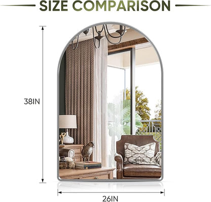 Suidia 26" x 38" Bathroom Mirror, Bathroom Vanity Mirror Metal Framed, Wall-Mounted Mirrors for Bedroom, Living Room, Entryway, Hallway, Silver, Arch Style