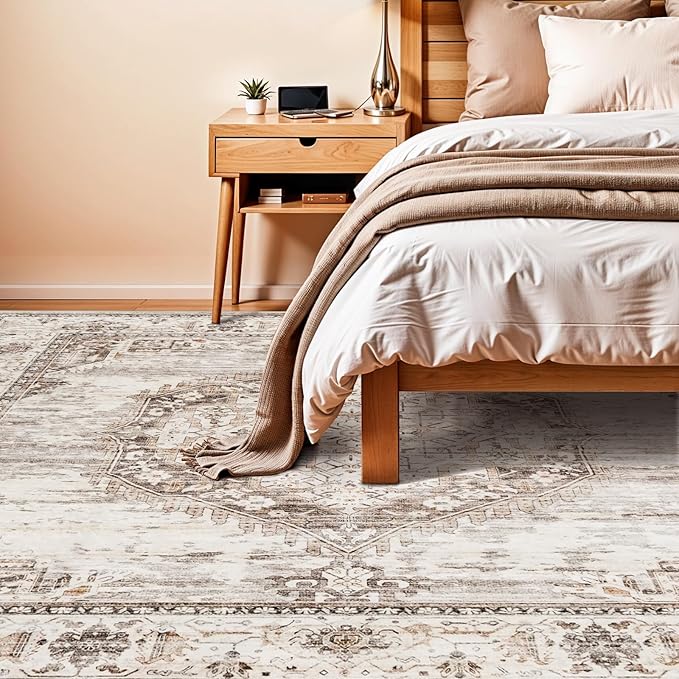 8x8 Area Rug Washable Living Room Rugs: 8ft Square Ultra Thin Soft Oriental Area Rugs Non-Slip Backing Farmhouse Rug Low Pile Thin Stain Resistant Indoor Carpets, 8' x 8' Beige