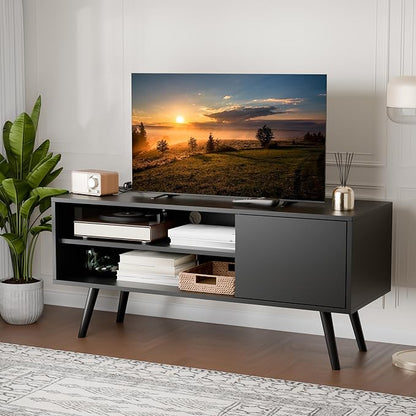 Cozy Castle TV Stand for 48-55 Inch TV, Mid Century Modern Entertainment Center with Storage Cabinet, TV Media Console with Charging Station for Living Room (Black, 43.3" W x 15.7" D x 19.5" H)