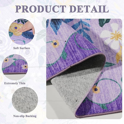 DUKINO 8x10 Area Rug, Floral Rugs for Living Room, Lightweight Non Slip Washable Rug, Indoor Low Pile & Non-Shedding Boho Design Rugs for Bedroom, Living Room, Dining Room, Purple