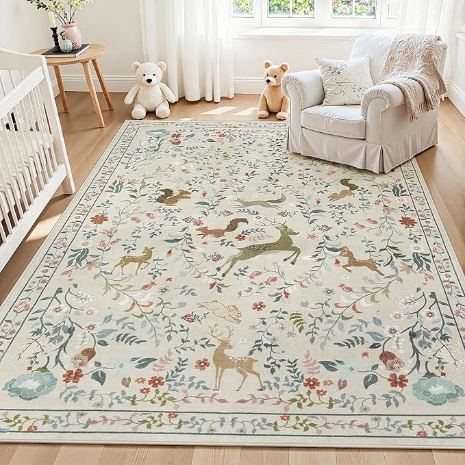 6x9 Area Rugs Washable Rug: Lagre Boho Living Room Rug Soft Non-Slip Thin Carpet Indoor Floor Non-Shedding Neutral Floral Carpets for Bedroom Dining Room Farmhouse Nursery Beige Animal