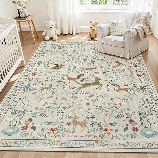 6x9 Area Rugs Washable Rug: Lagre Boho Living Room Rug Soft Non-Slip Thin Carpet Indoor Floor Non-Shedding Neutral Floral Carpets for Bedroom Dining Room Farmhouse Nursery Beige Animal