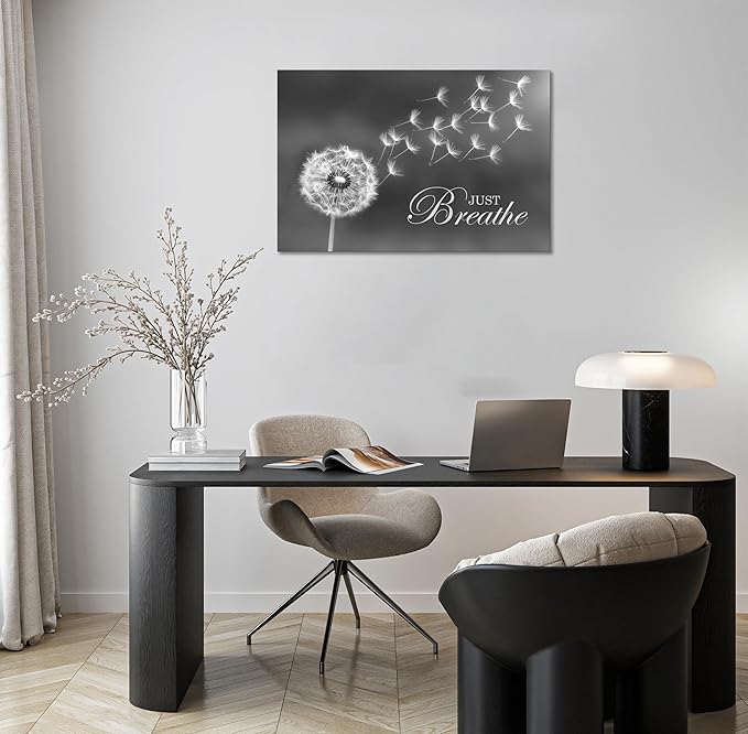 SKASNFAI Black and White Dandelion Zen Wall Art Canvas Just Breathe Motivation Positive Picture Art Print for Spa Yoga Meditation Wall Decor Ready to Hang (12L x 16W)