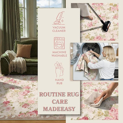Lahome Vintage Floral 8x10 Area Rugs,Soft Living Room Rugs Boho Large Area Rug Machine Washable, Low Pile Pink Rugs for Bedroom Girls Carpet for Nursery Rug Playroom Dining Room Nina(8'X10',Beige)