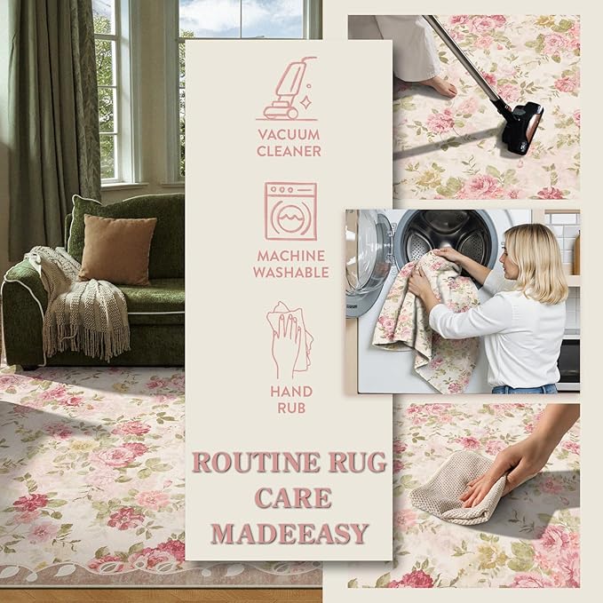 Lahome Washable Area Rug 6x9,Nursery Rug Girl Living Room Rug 6x9, Vintage Girls Rugs for Bedroom Ultra-Thin Non Slip Carpet for Playroom Dining Room Dorm Nina (6'X9',Beige)