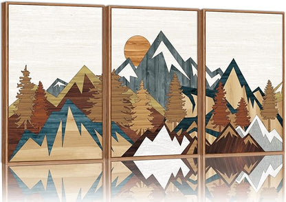 SIGNINART Vintage Mountain Framed Canvas Wall Art, Boho Sunrise Art Prints, Forest Nature Wilderness Art Paintings, Modern Farmhouse Woodcut Style Wall Decor for Living Room Bedroom, Office 16"x24"x3