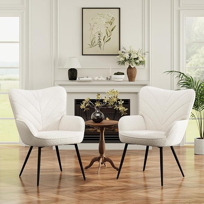MALOL Mid-Century Sherpa Upholstered Accent Chair, Cozy Armchair with Curved Backrest, Sturdy Metal Legs, Soft Fabric Chair for Living Room, Bedroom & Reading Area,Beige