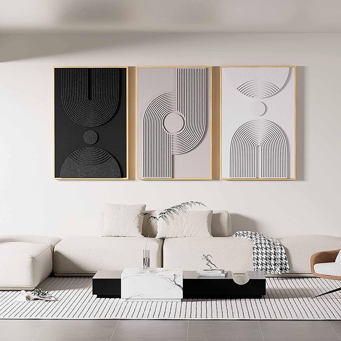 Framed 3D Textured Boho Neutral Abstract Wall Art for Bedroom, 3 Piece Mid Century Modern Artwork for Walls, Creamy White Brown Relief Sculptures for Diningroom Hallway Wall Decor 16x24 In