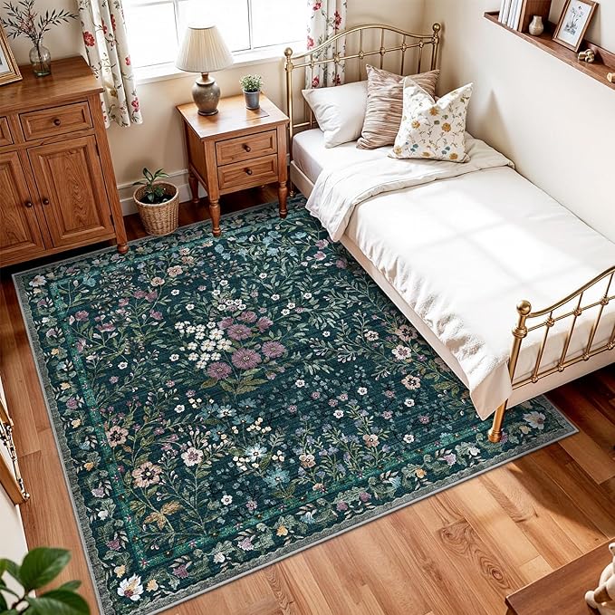 5x5 Living Room Area Rug Washable: Floral Non-Slip Mats for Indoor Floor Entryway Dining Room Bedroom - Soft Thin Carpet for Vintage Neutral Home Decor (5ft Square, Green)