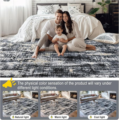Area Rugs 9x12 Living Room - Washable Rug Modern Abstract Soft Large Neutral Non-Slip Carpet Indoor Floor Thin Carpets for Bedroom Dining Room Farmhouse Nursery Home Office Black Gold