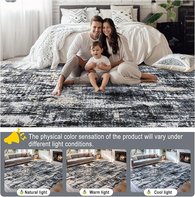 8x10 Area Rugs for Living Room - Washable Rug Modern Abstract Soft Large Neutral Non-Slip Carpet Indoor Floor Thin Carpets for Bedroom Dining Room Farmhouse Nursery Home Office Black Gold