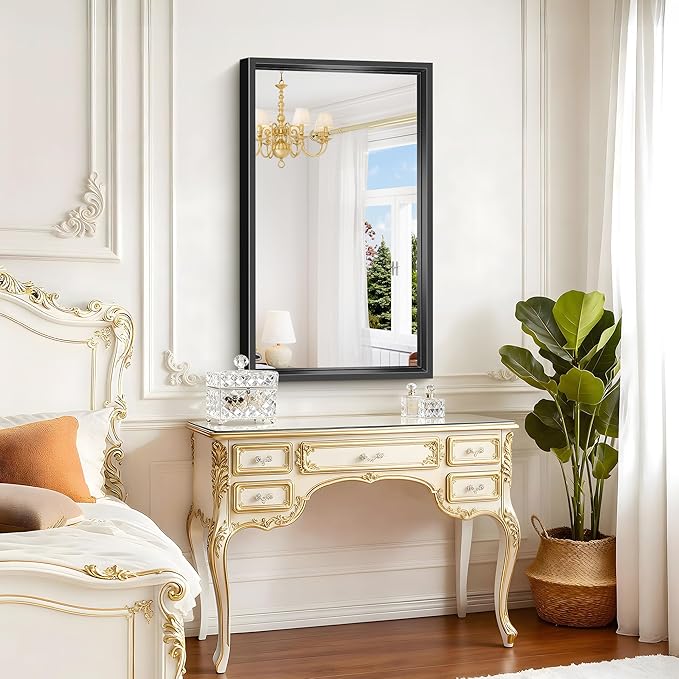 Black Framed Mirror 24"x40", Brushed Black Bathroom Mirrors for Over Sink, 0.6" Thickened Deep Frame Rectangle Mirrors for Wall, Shatterproof Tempered Glass, Antirust, Horizontally/Vertically