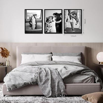 Framed Trendy Black and White Wall Art Set of 3, Fashionable Cheetah Wall Decor, Posters for Room Aesthetic, Modern Vintage Photography Model Canvas Prints for Living Room Bedroom – 12x16in