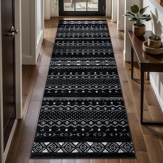 SERISSA 2x5 Kitchen Runner Rug, Washable Non-Slip Black and White Boho Rug, Soft Low-Pile Geometric Indoor Carpet for Hallway Laundry Room Bathroom Bedroom Entryway